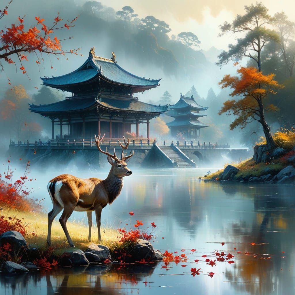 Bowing Deer in Autumn Temples