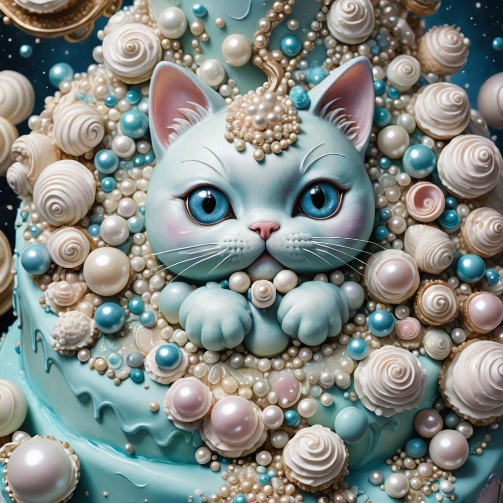 Cat Cake with Pearls in Pop Surrealist Style