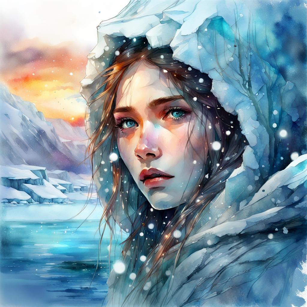 Stunning Ice Goddess in Digital Watercolor Art