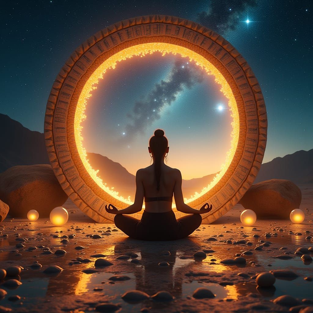 Meditating Silhouette Before Celestial Gateway in Digital Ar...