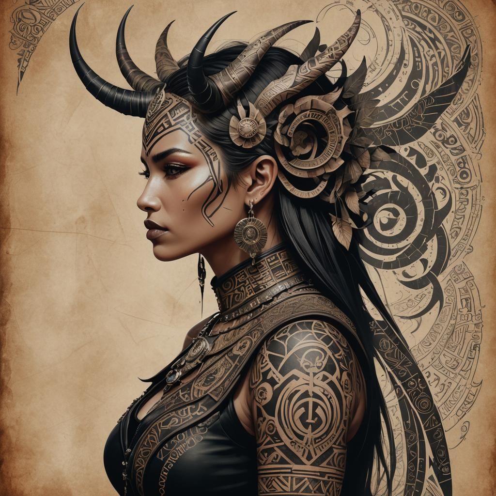 Fantasy Woman with Tribal Tattoos and Horns