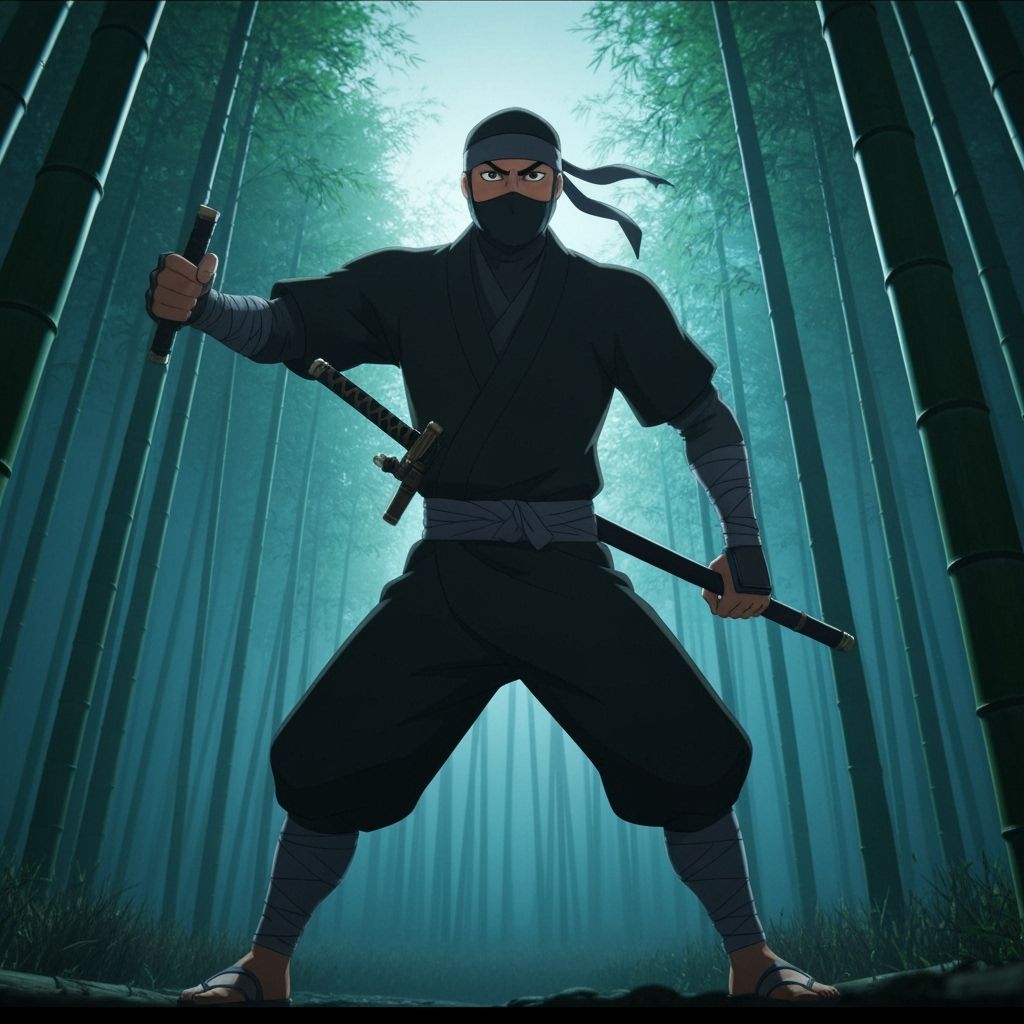 Ninja Overlooks Cyberpunk City: Japanese Woodblock Style