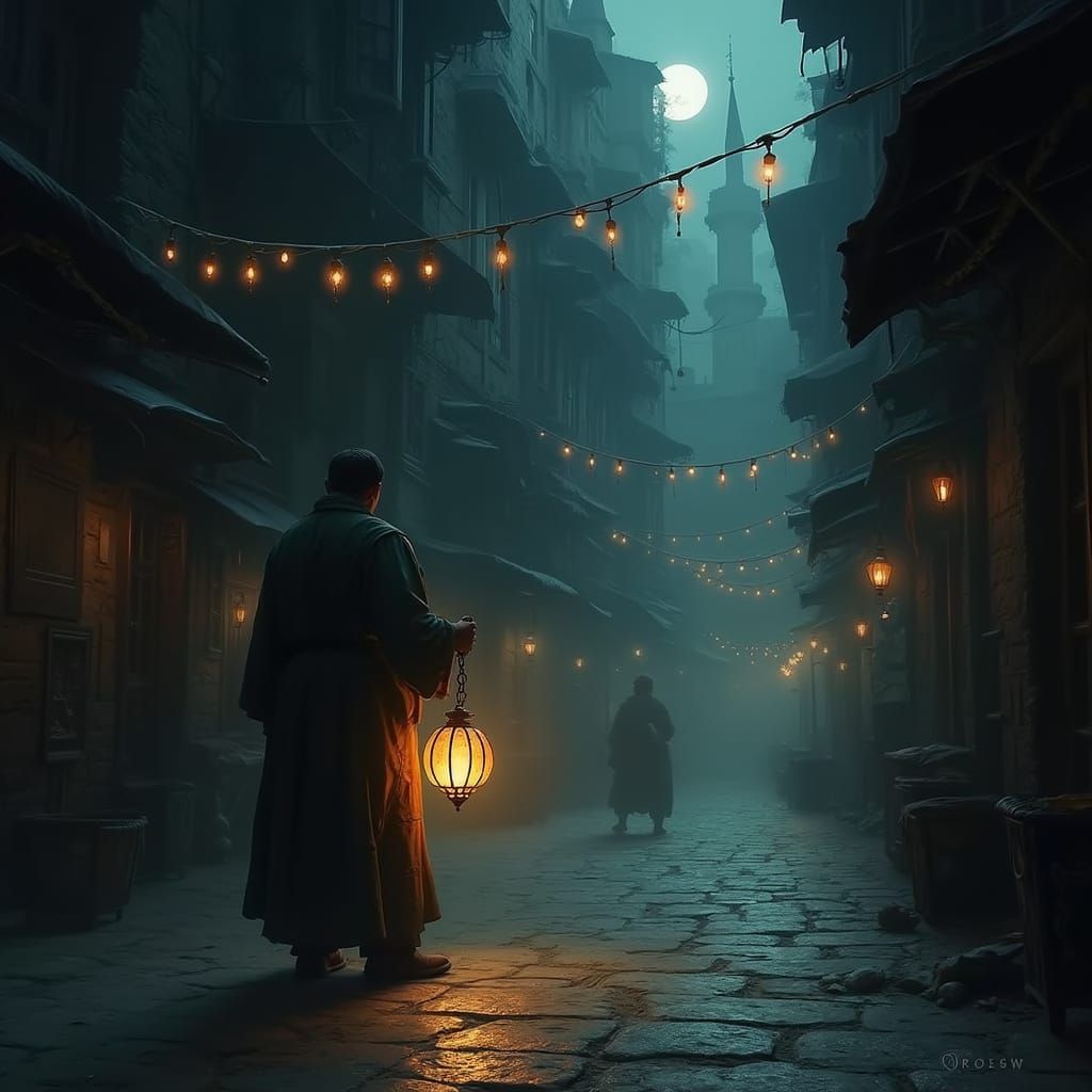 Ottoman Merchant in Deserted Bazaar with Ethereal Lantern