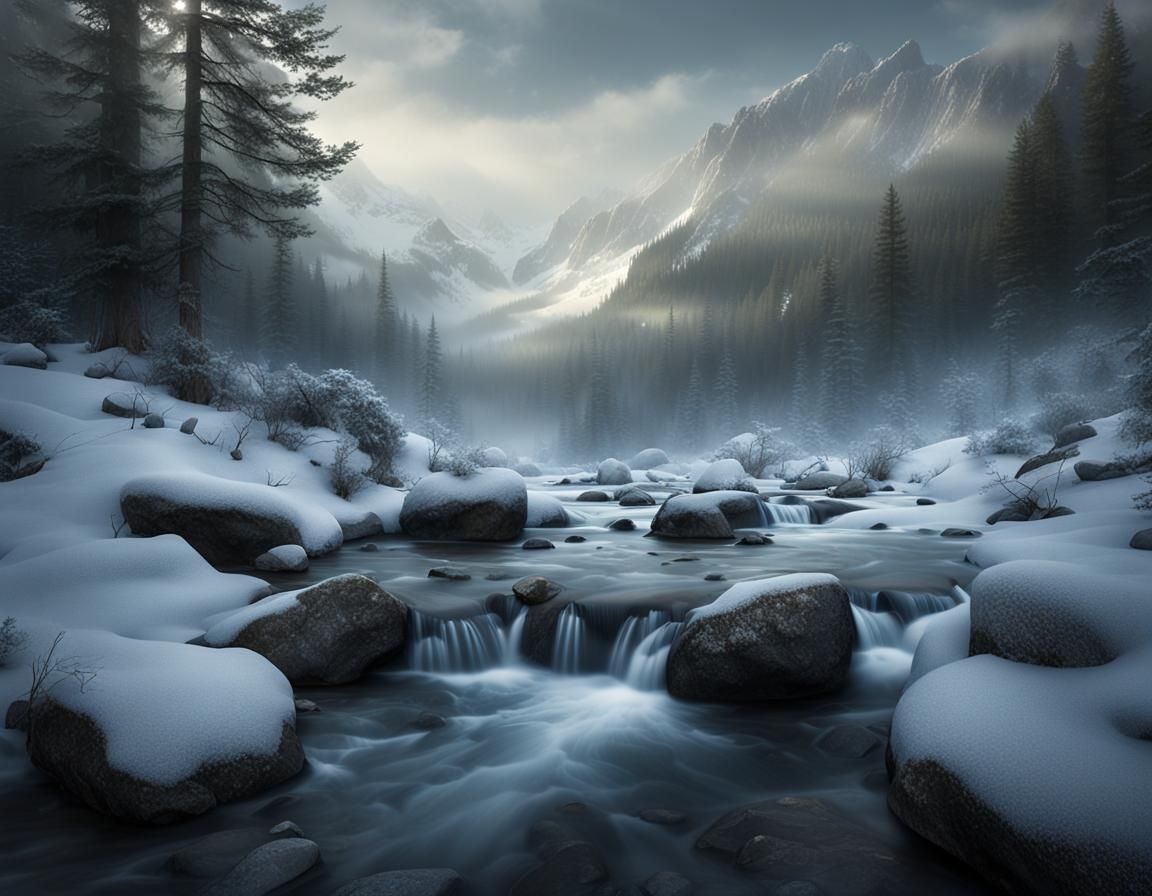 Misty Mountain Valley: A Brook's Serenade in 4K