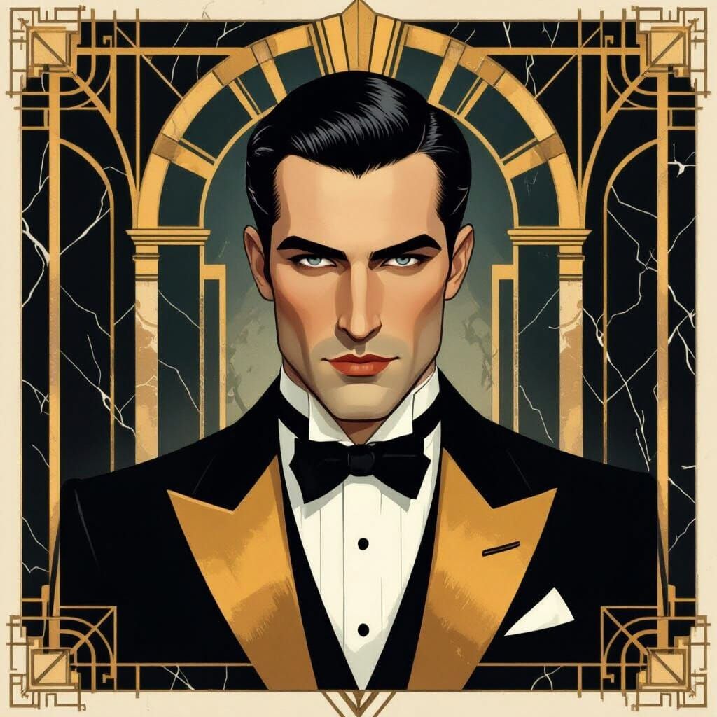 Art Deco Portrait of a Mysterious Man in Gold Tuxedo