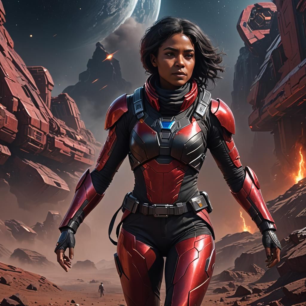 Black Space Ranger in Crimson Suit: Detailed Matte Painting
