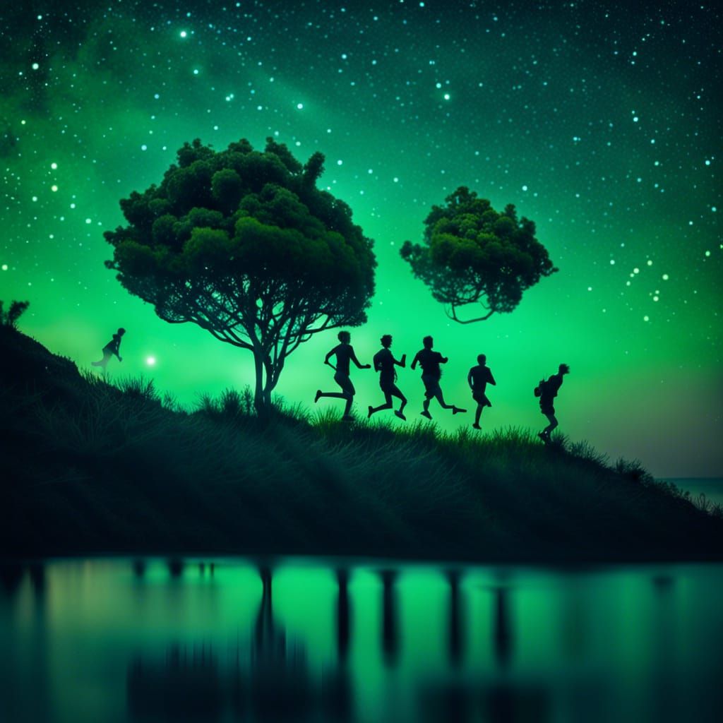 Couple Running to Cliff Under Starry Glowing Sky