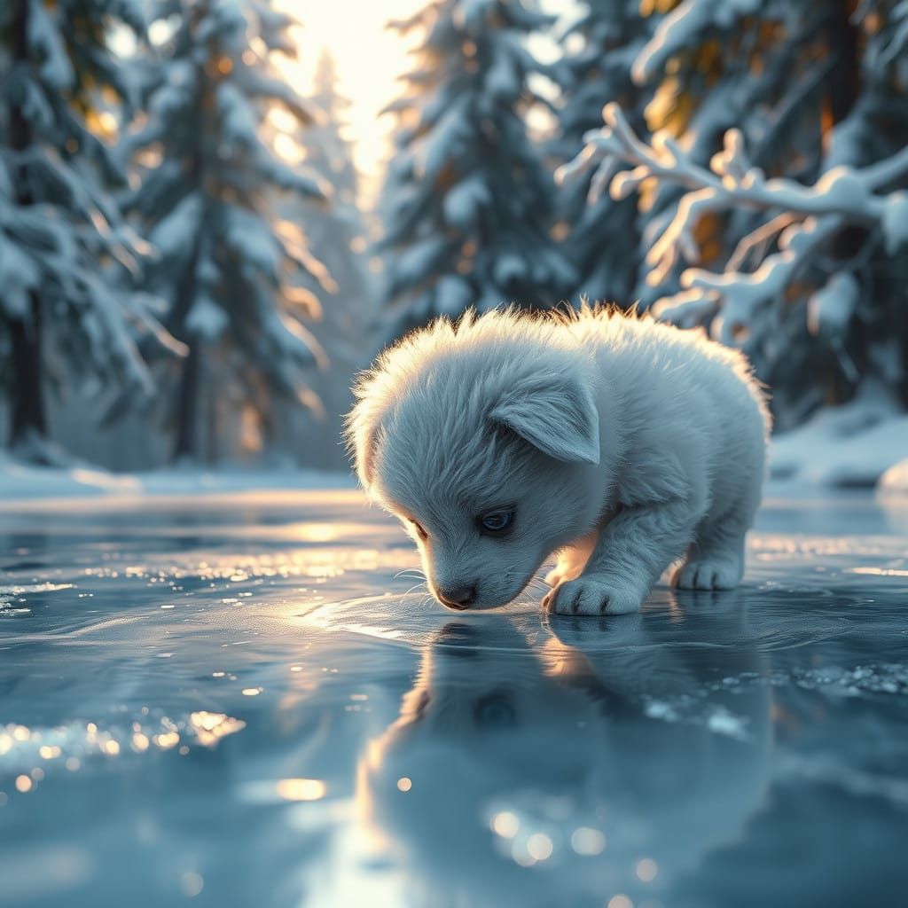 Playful Puppy Peers into Icy Winter Wonderland