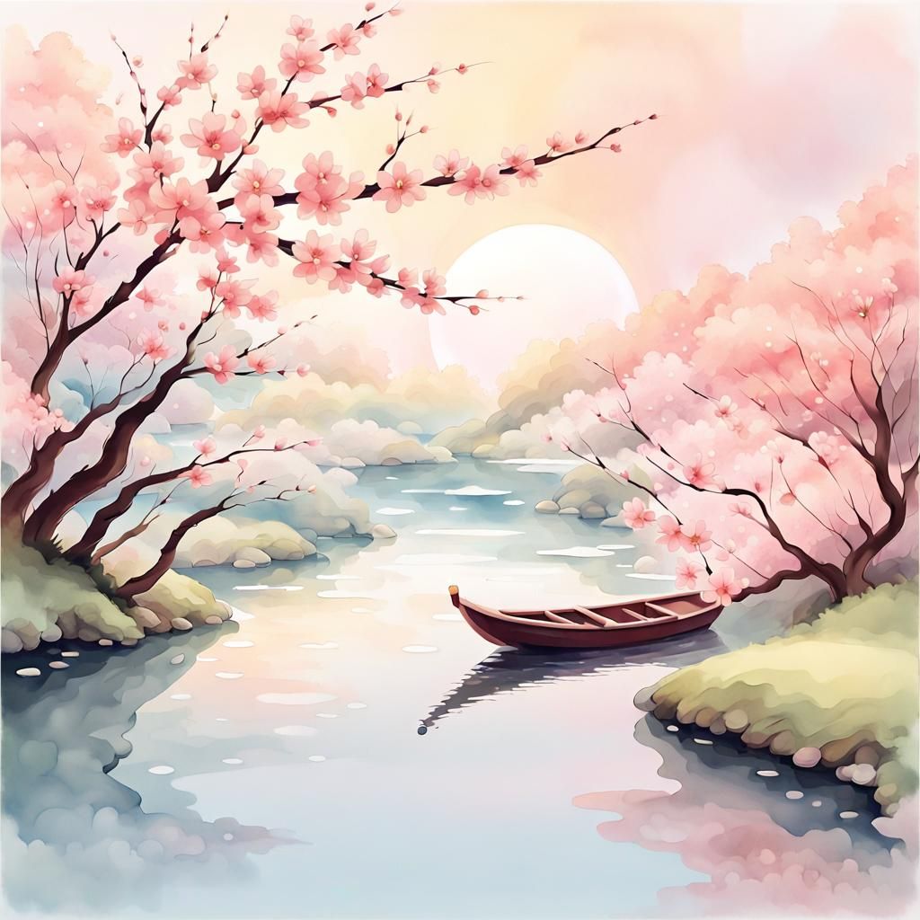 Japanese Cherry Blossoms: Watercolor Landscape in Bloom