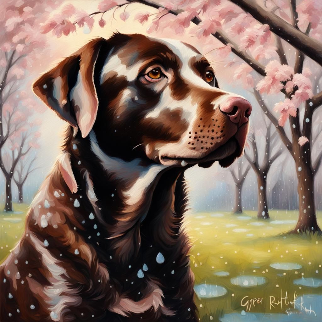 Chocolate Lab in Cherry Tree Park: Oil Painting