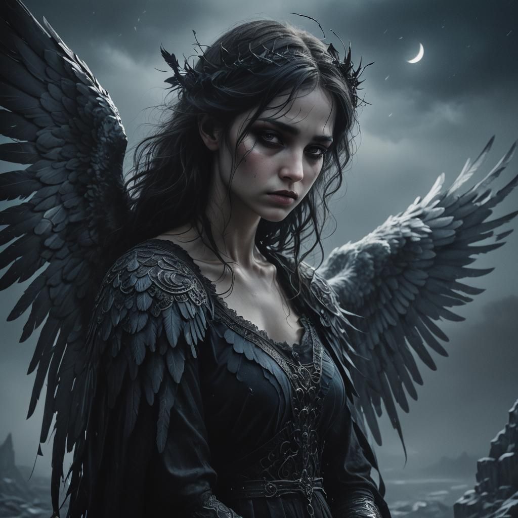 Melancholic Black Angel in Dark Fantasy Illustration