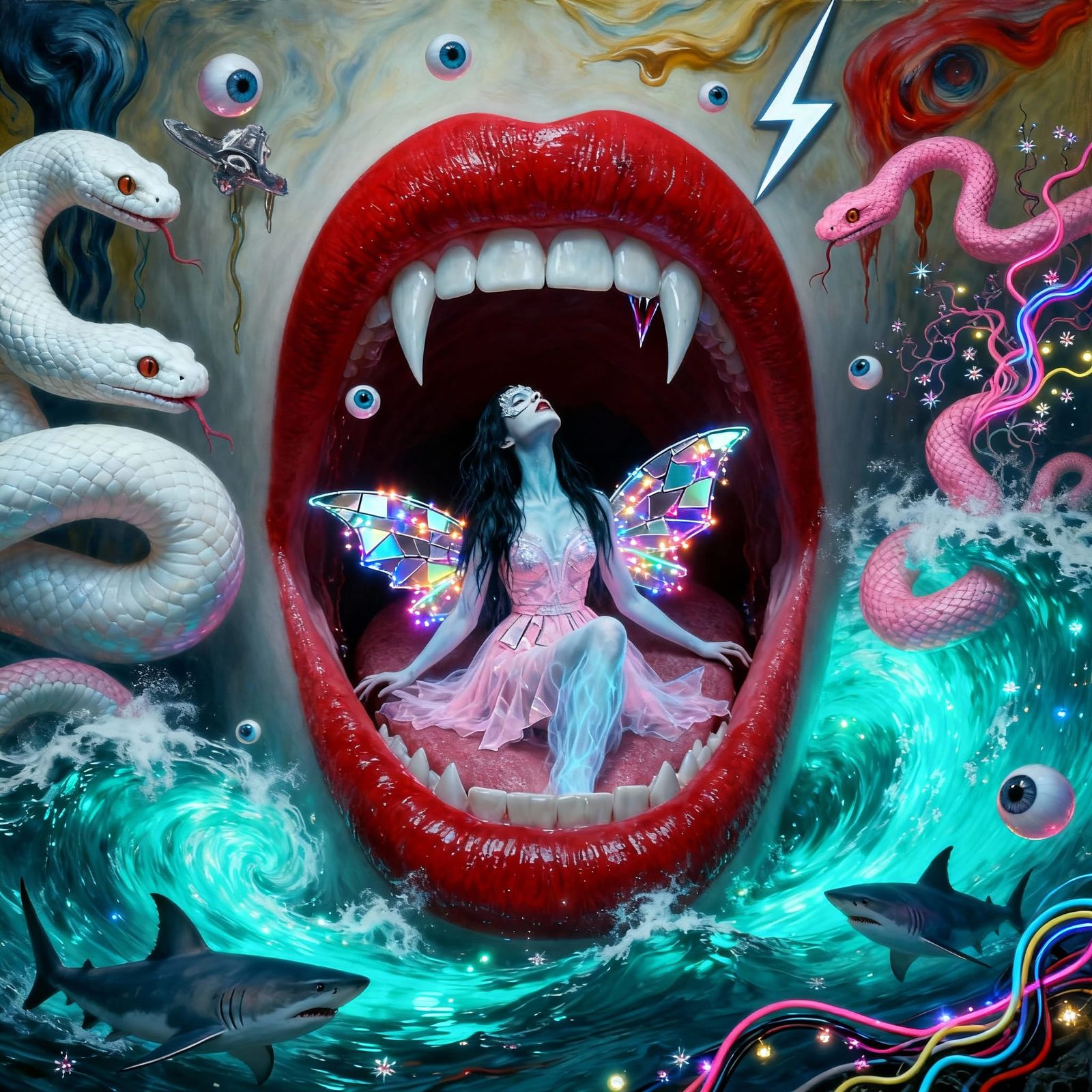 Ethereal Ghost in Hologram Dress Amidst Surreal Ocean