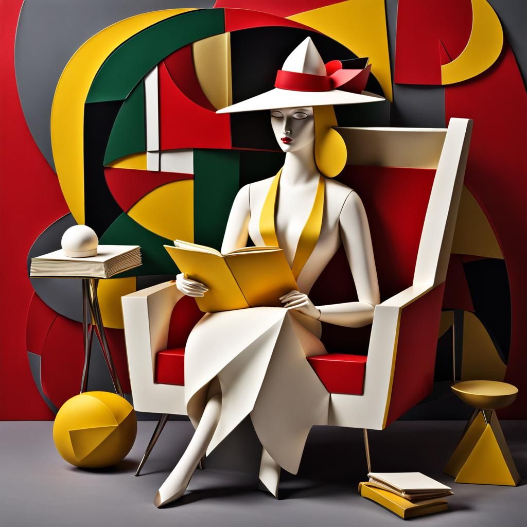 Cubist Woman Reading in Garden, 3D Render