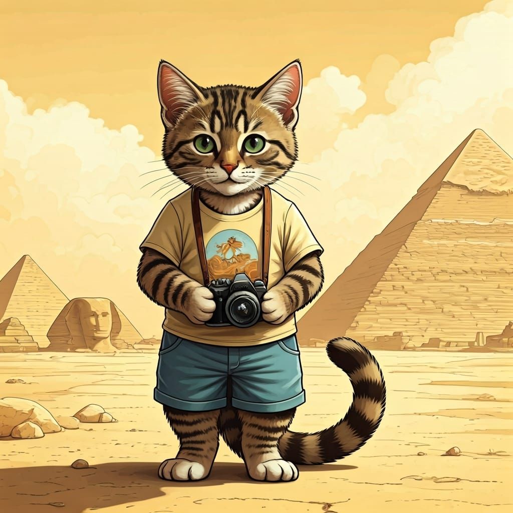 Tabby Kitten Tourist at the Pyramids, Comic Book Art