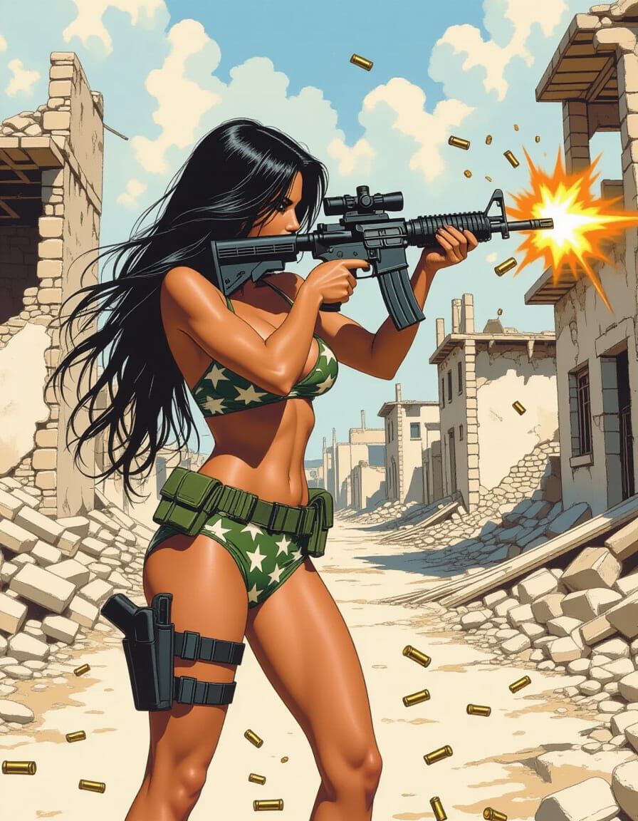 Woman with Rifle on Kosovo Street in Dark Fantasy Style