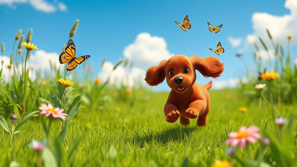 Irish Setter Puppy Chasing Butterflies in Pixar Style