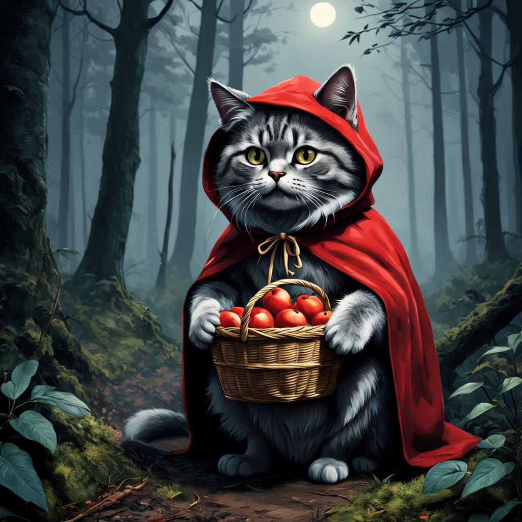 Chubby Cat as Little Red Riding Hood in a Moody Forest