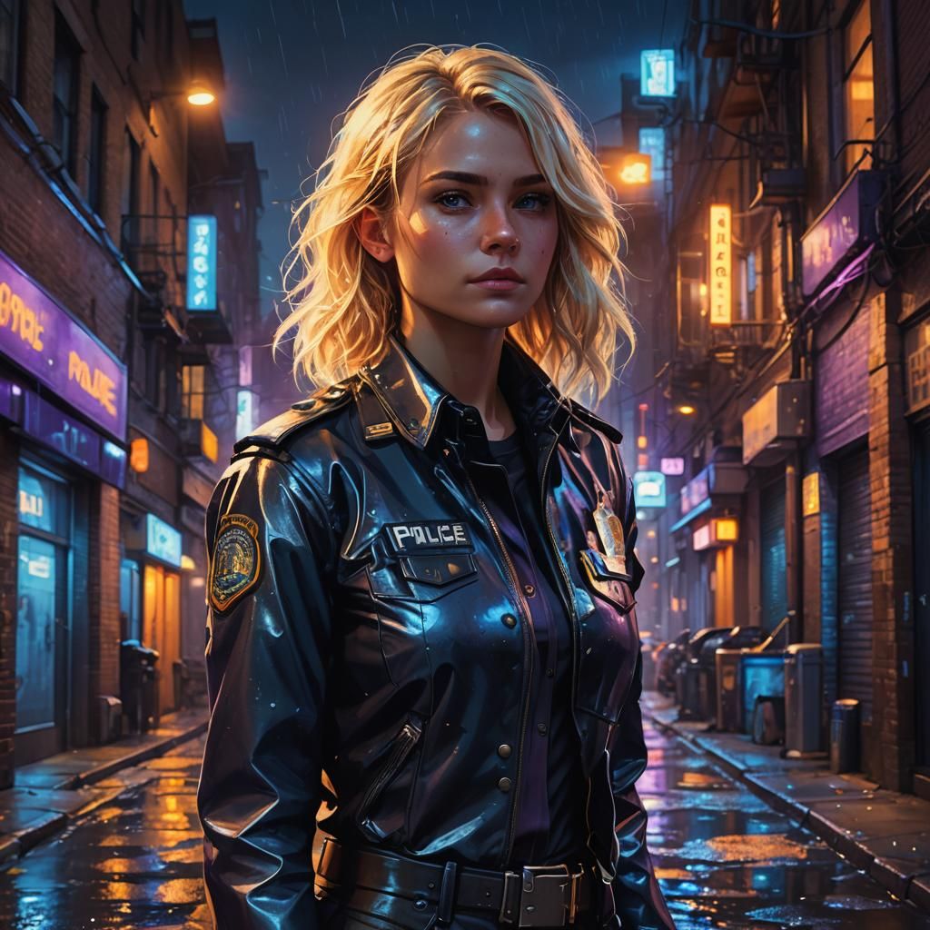 Blonde Police Woman in City at Night