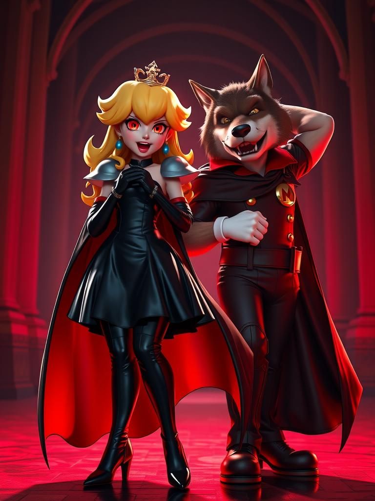 Vampire Princess Peach and Werewolf Mario Portrait