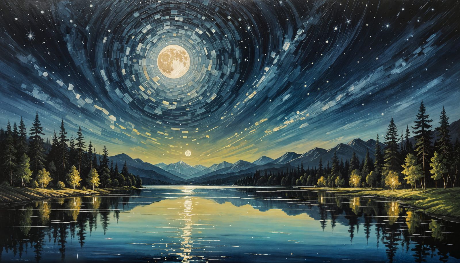 Moonlit Lake Starry Night Oil Painting