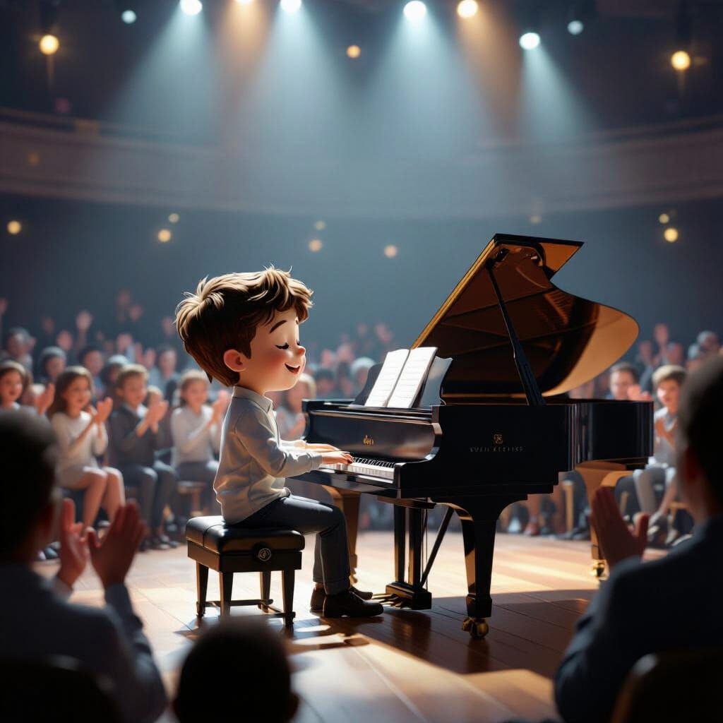 Boy Plays Piano on Stage, Photorealistic 3D Render