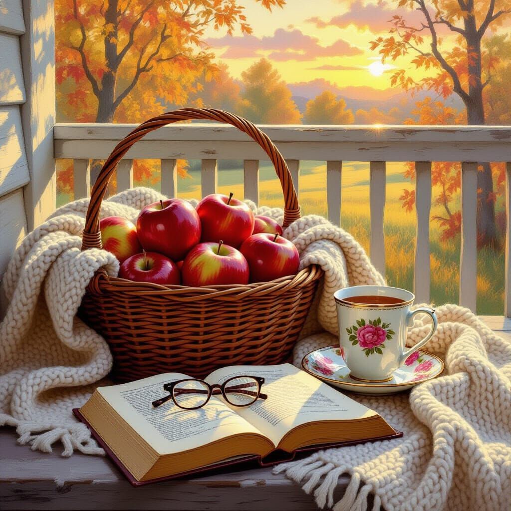 Cozy Sunset Scene with Apples and Book on Porch