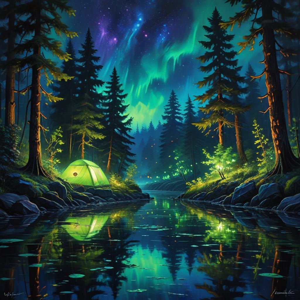 Glowing Forest Campsite at Night as Oil Painting