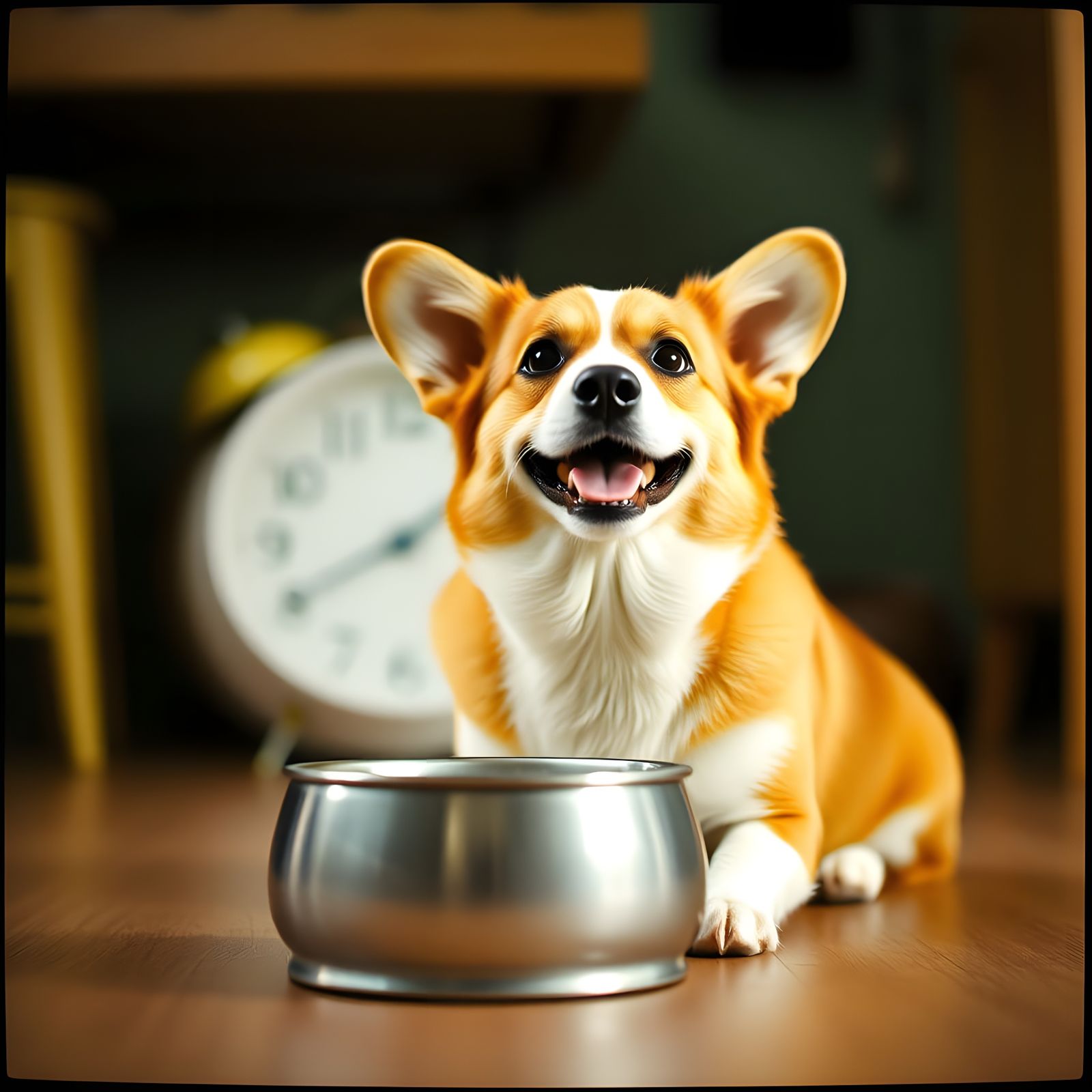 A Smiling Pembroke Welsh Corgi Anticipates Dinner