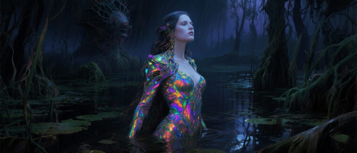 Ethereal Woman in Vibrant Colors Amidst Mystical Swamp