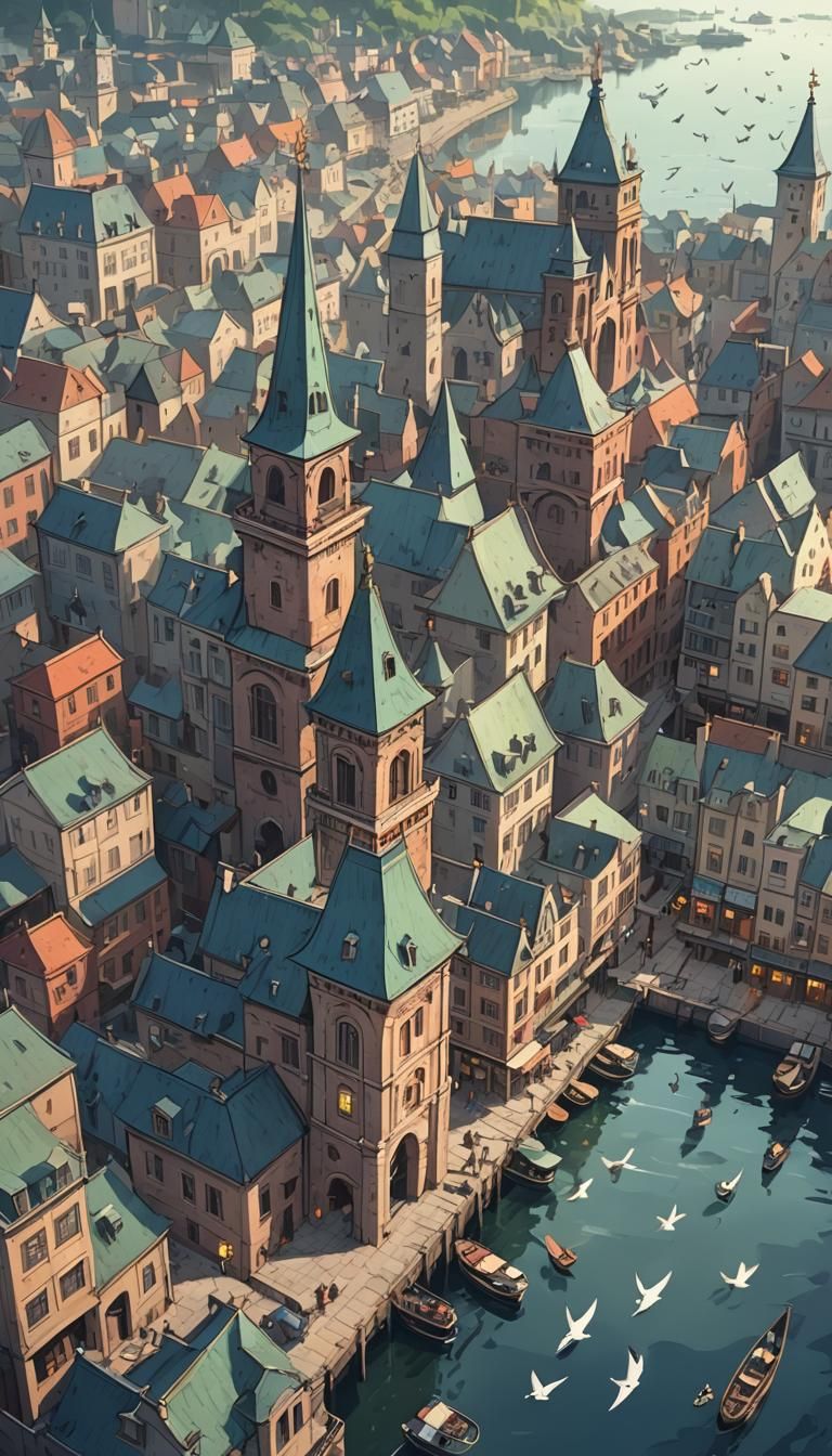 City of Spires: Anime-Style Harbor Scene