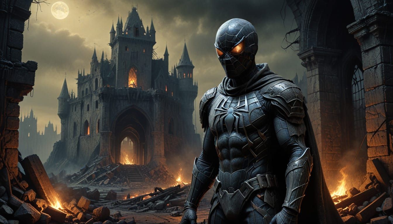Grim Dark Knight Spiderman in Medieval Ruins