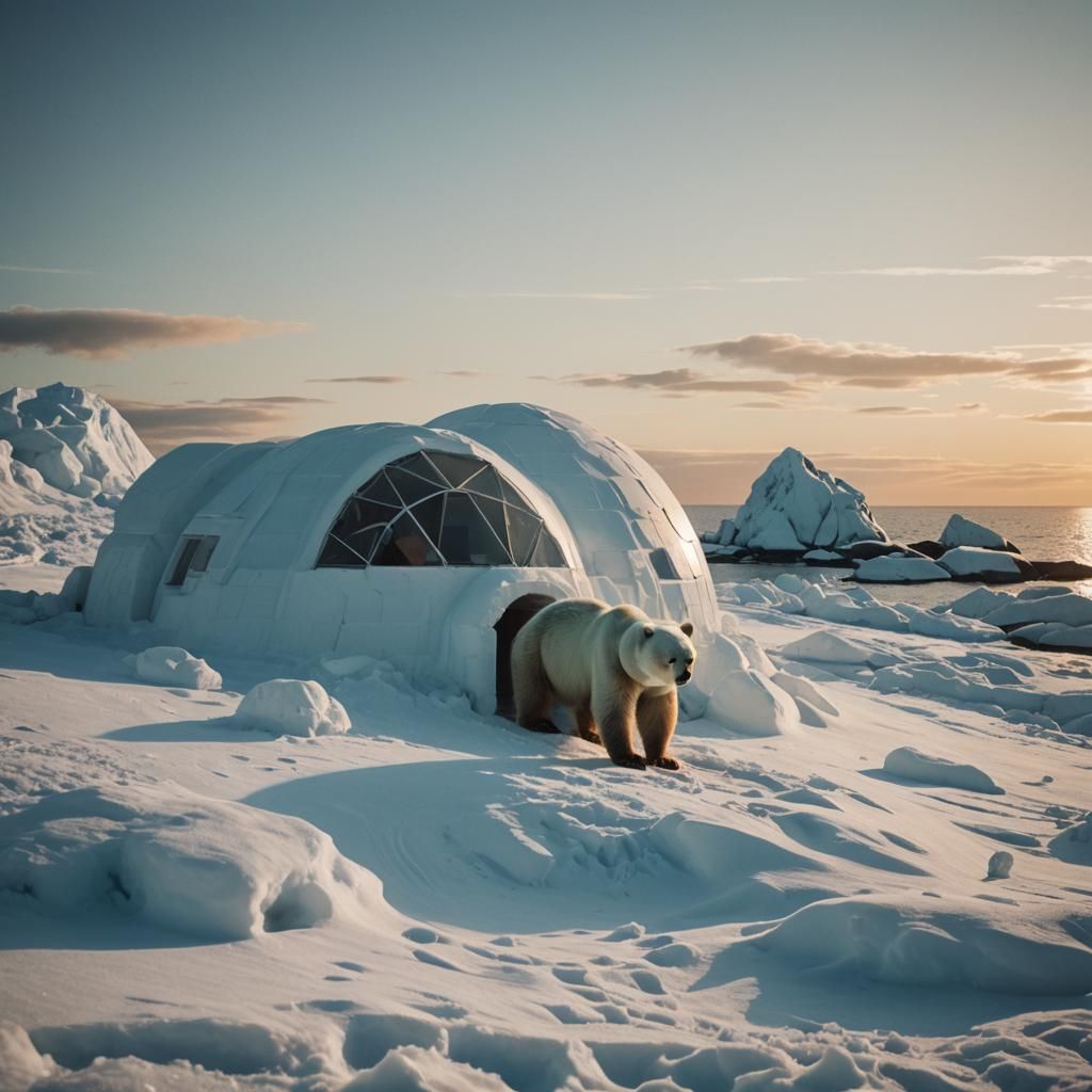 Polar Bear on Ice Floe at Sunset