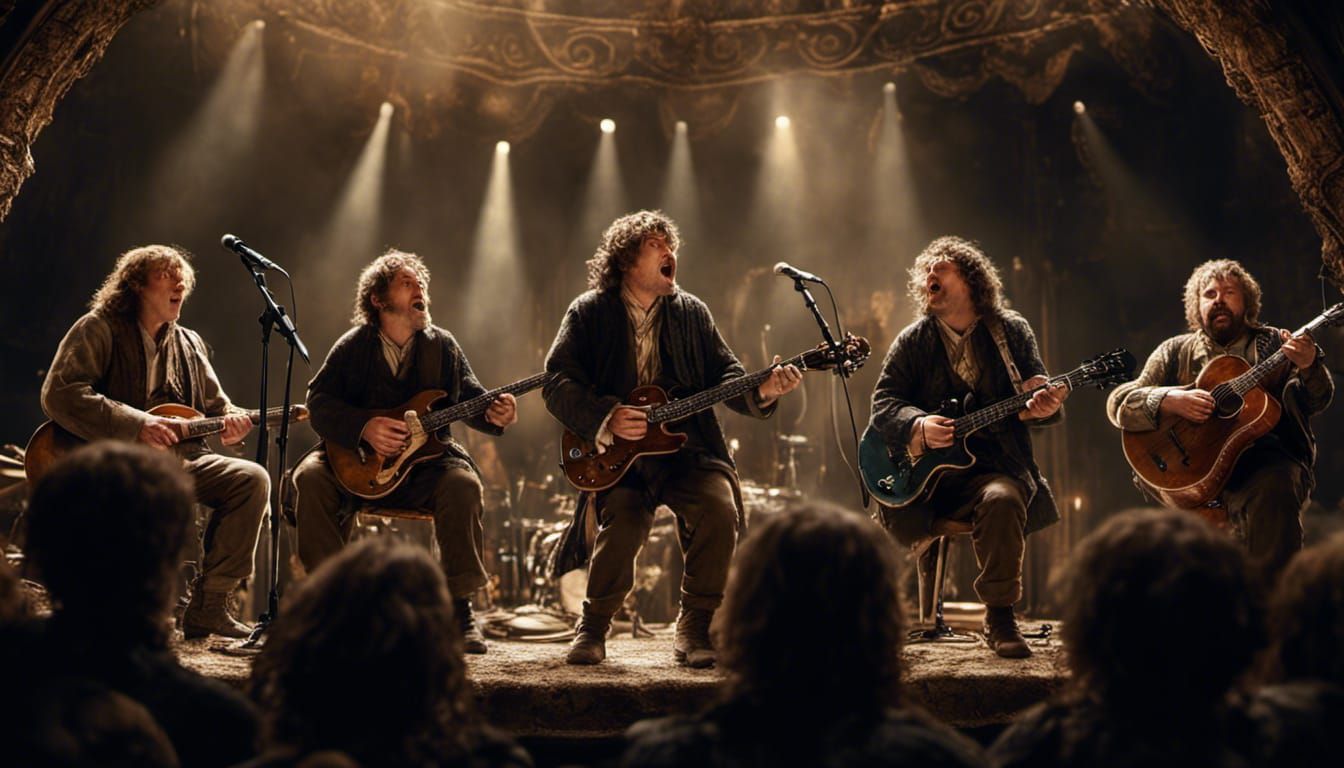 Hobbits Rock Band Performance: Detailed Digital Painting