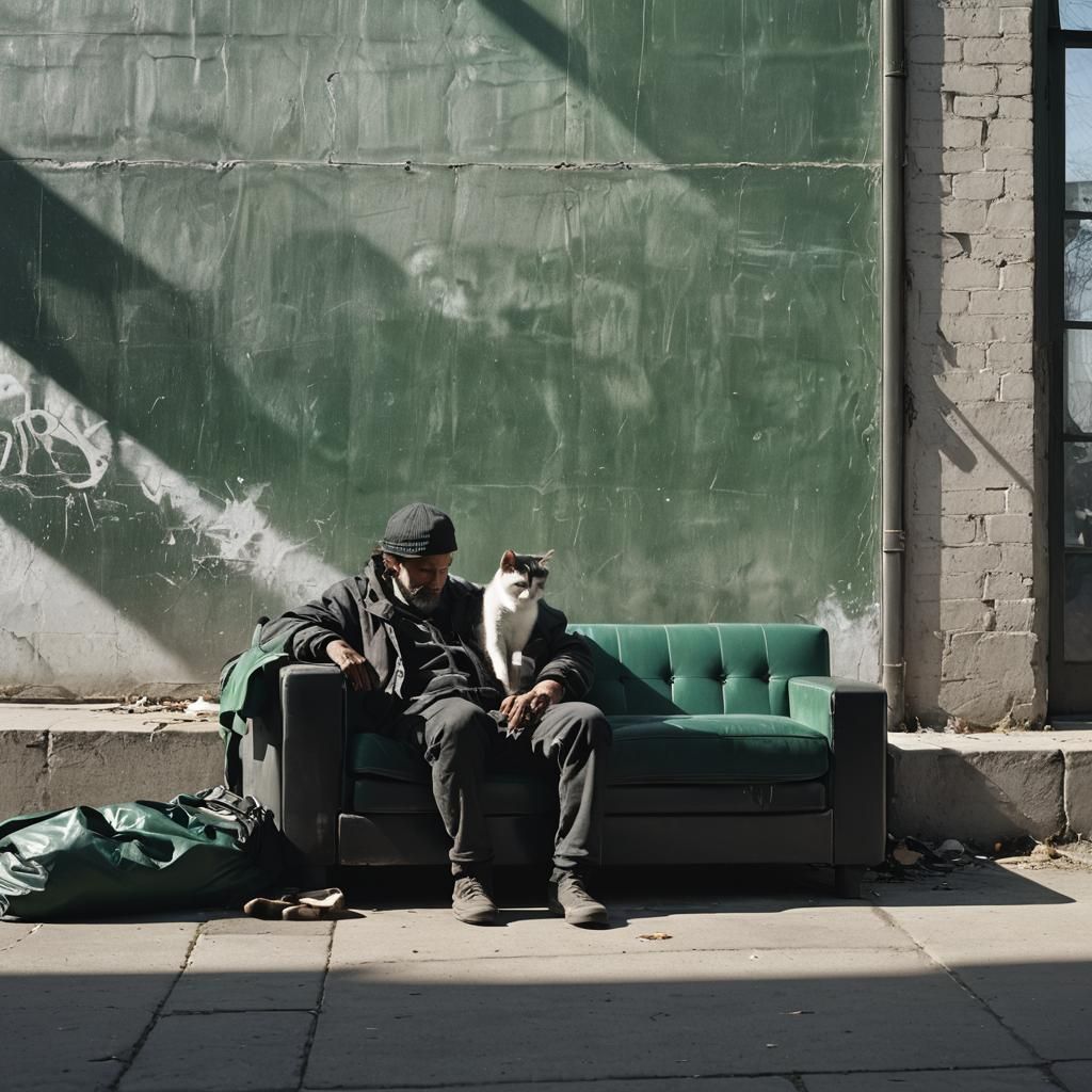 Homeless Man Sleeping on Emerald Sofa: Cinematic Still