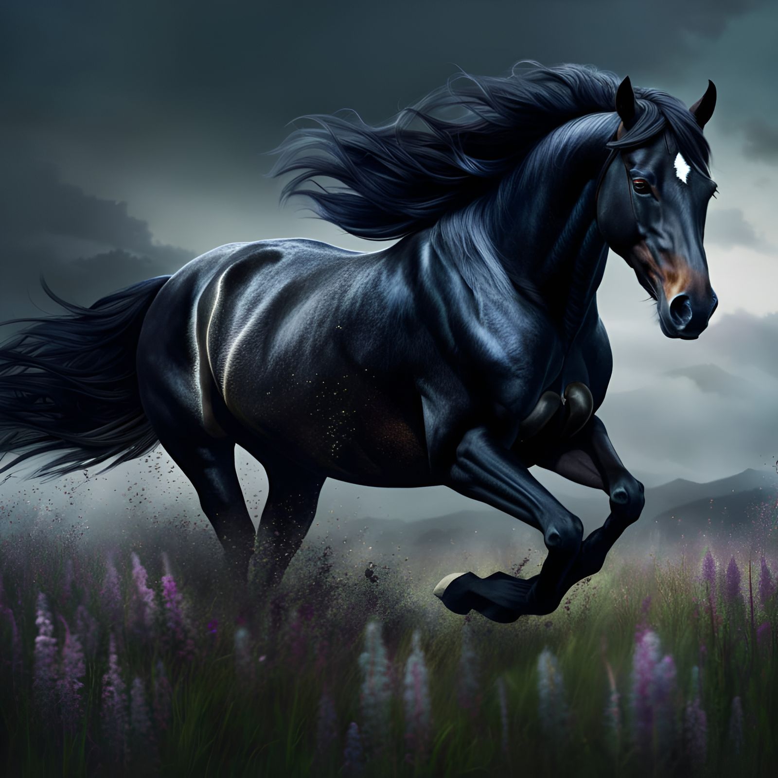 Mysterious Black Horse Galloping in Meadows