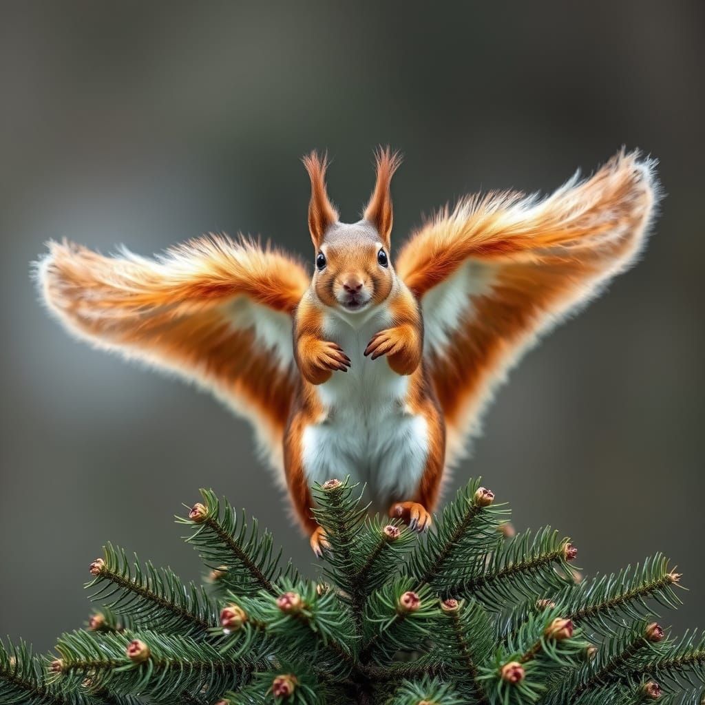 Squirrel Ready to Fly from Fir Tree