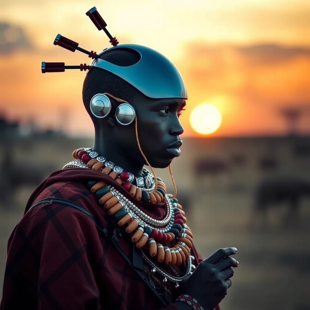 Futuristic Masai Warrior in Golden Savannah