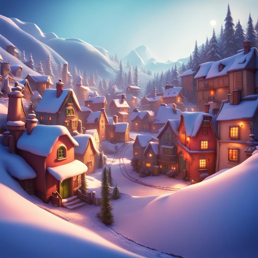 Snowy Village in Hills: 3D Digital Art