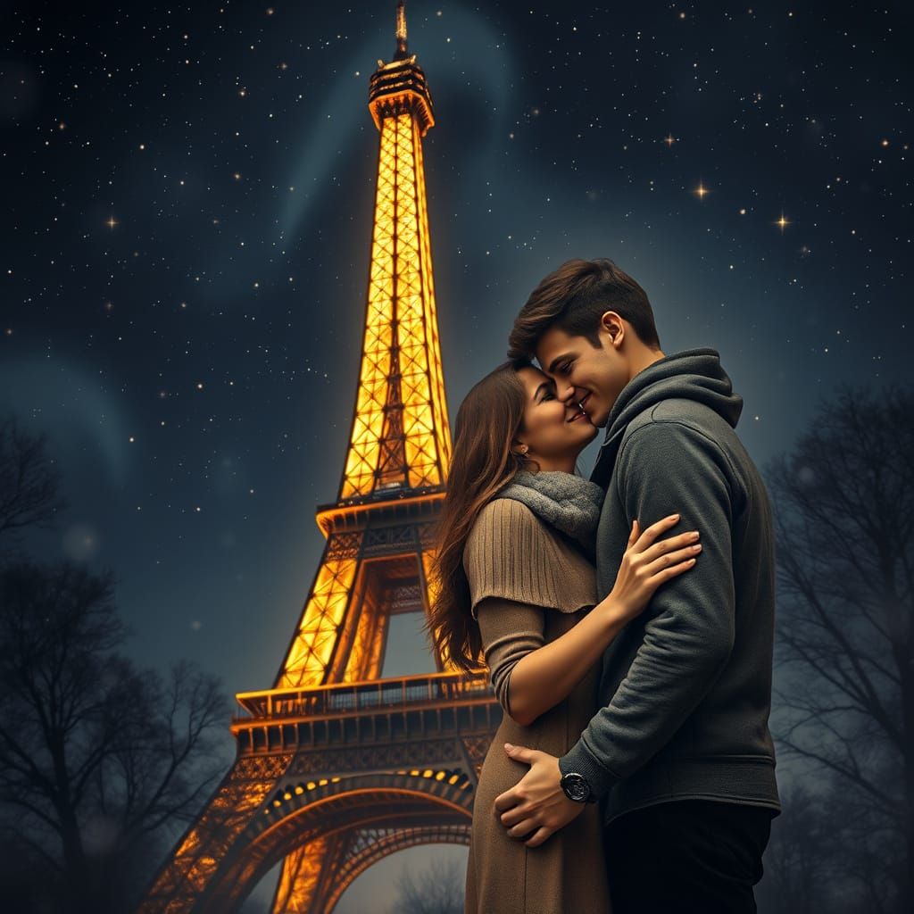 Romantic Eiffel Tower Kiss Under Starry Night