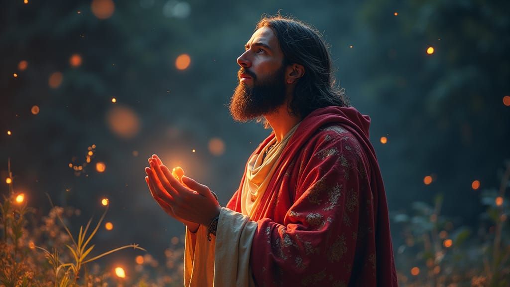 Jesus Christ Praying with Fireflies: Hyperrealistic Concept ...