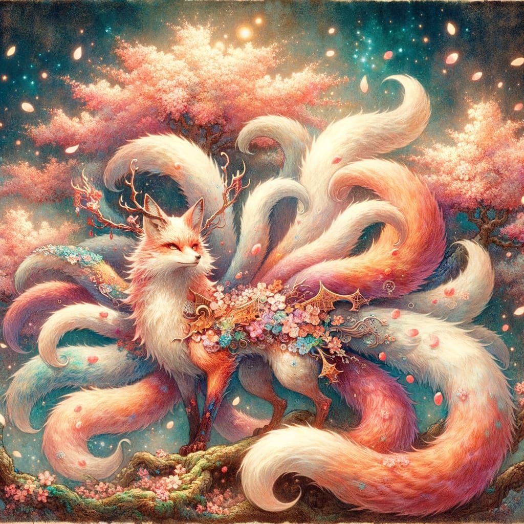 Magical Multi-Tailed Fox in Japanese Cherry Blossom Garden
