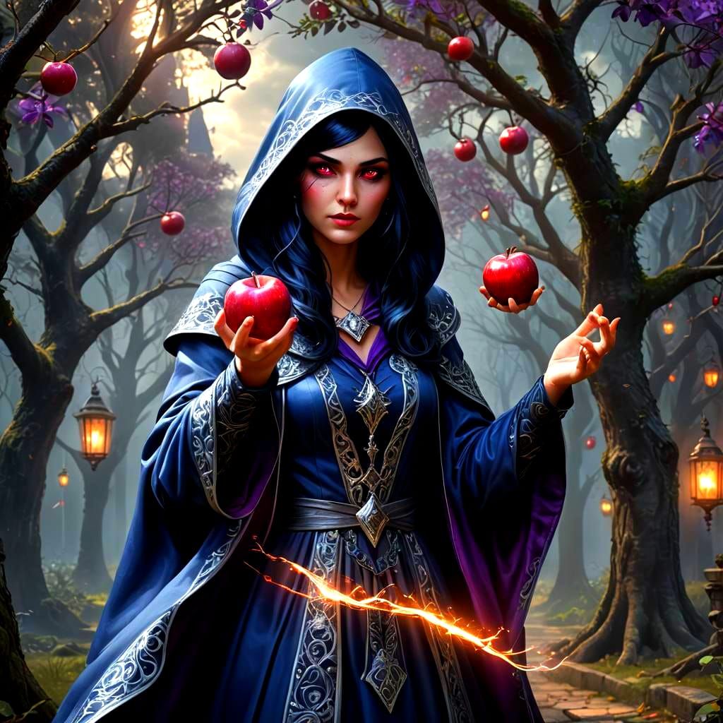 Young Sorceress Casting Spell with Apple