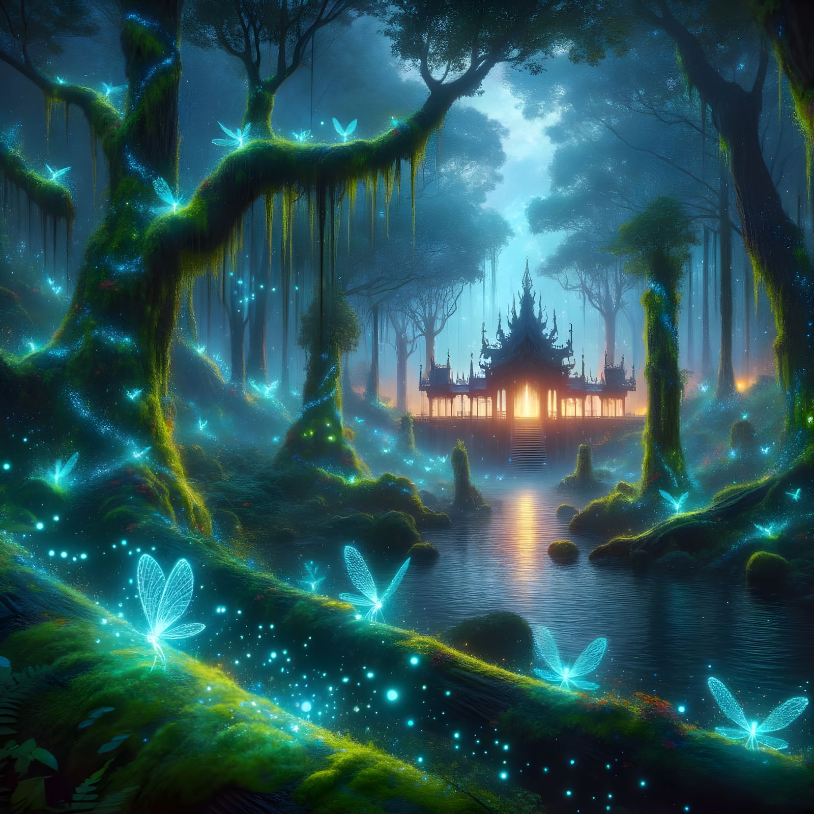 Bioluminescent Forest Twilight With Crystal Palace