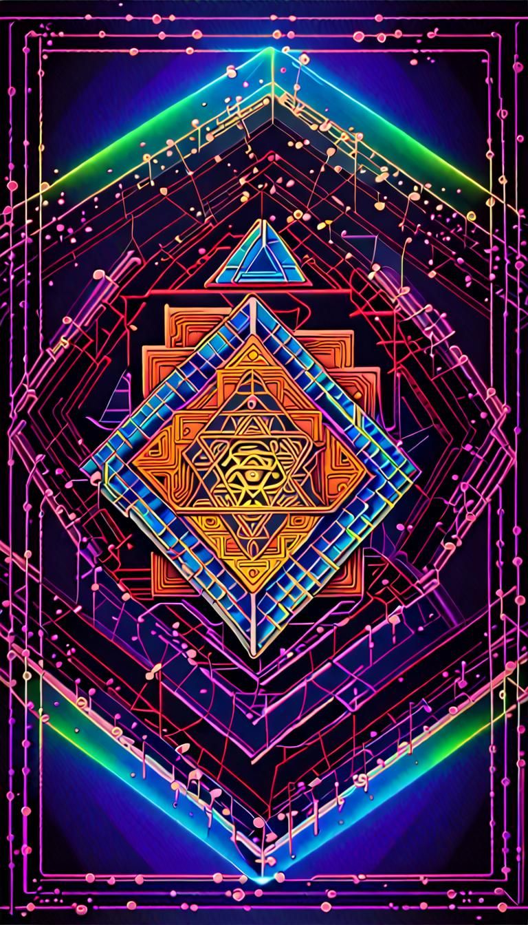 Sacred Geometry: Sri Yantra Mandala in Neon Art Deco