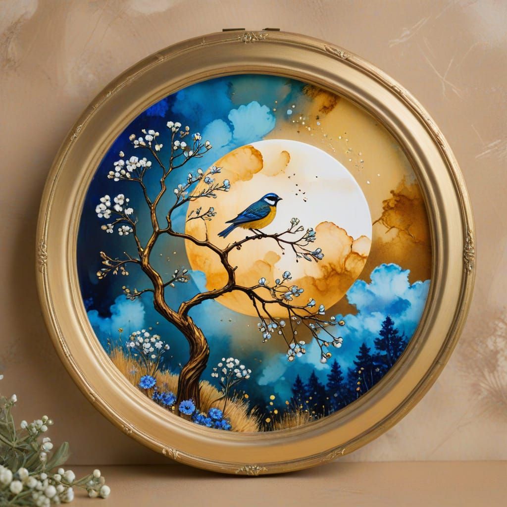 Amber Ink Circular Design with Flowers, Clouds, and Bird