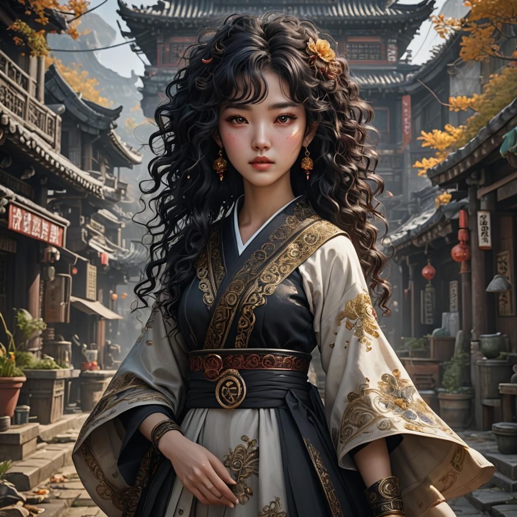 Korean Girl with Black Hair: Fantasy Art