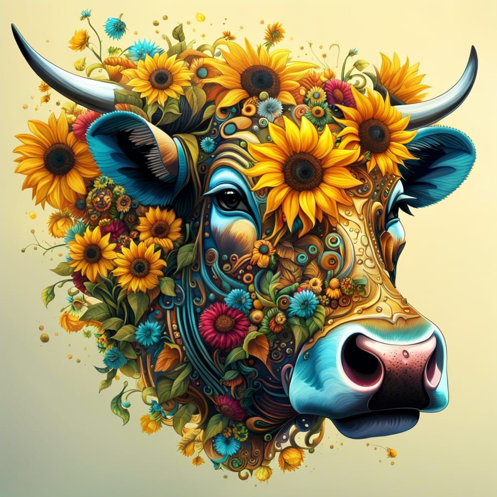 Cyberpunk Cow with Sunflowers Digital Illustration
