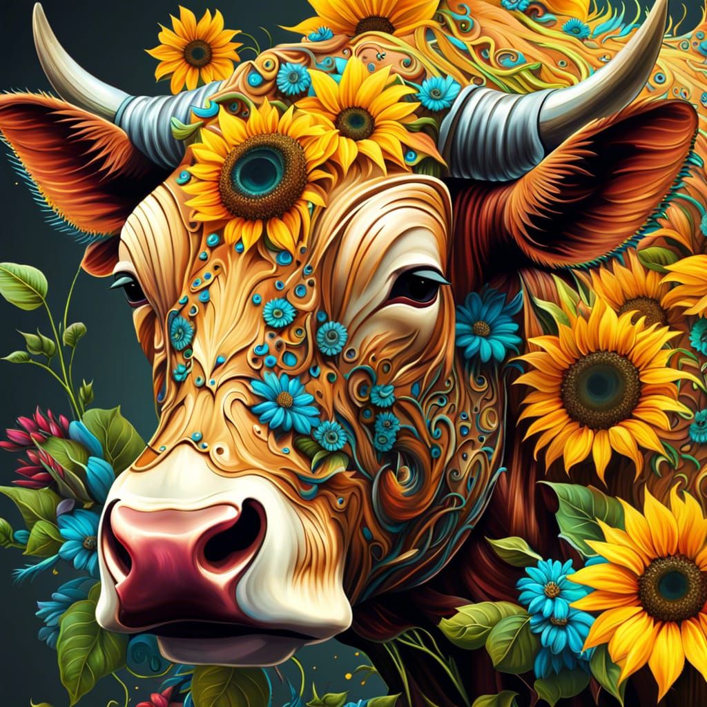 Cyberpunk Cow with Sunflowers: Digital Art