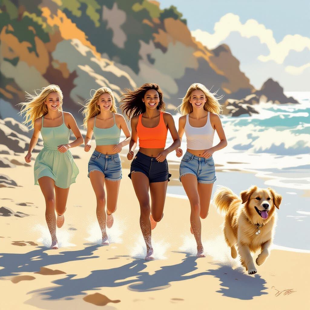 Girls and Dog Run on Sunlit Shore