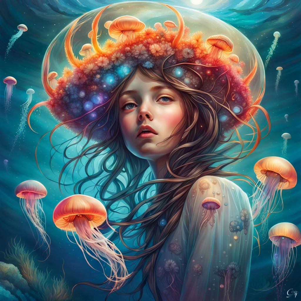 Bioluminescent Jellyfish Girl in Art Brut Style